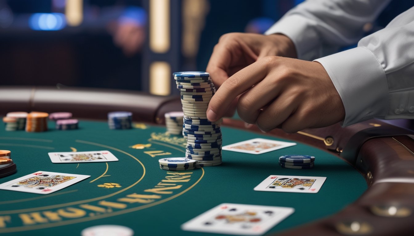 Meja kasino dengan kartu dan chip Mini Baccarat, tangan sedang meletakkan chip di meja permainan.
