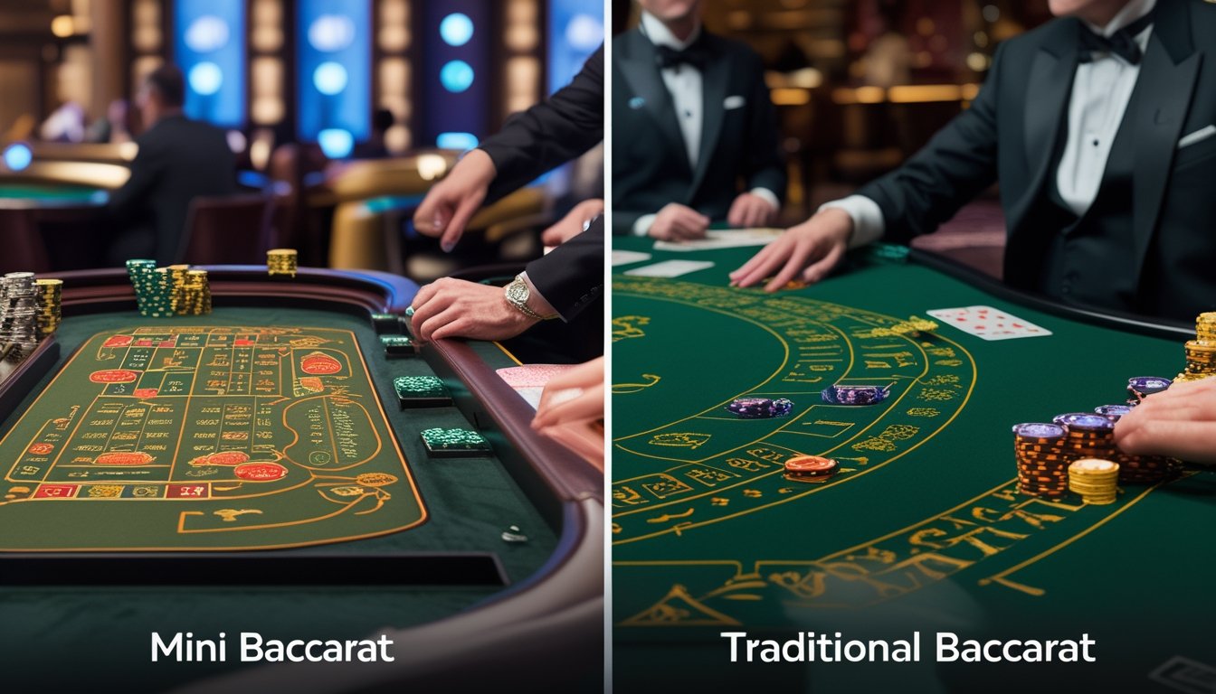 Dua meja permainan kasino berdampingan, satu Mini Baccarat yang kecil dan satu Baccarat biasa yang lebih besar, dengan dealer dan pemain di sekitar meja.