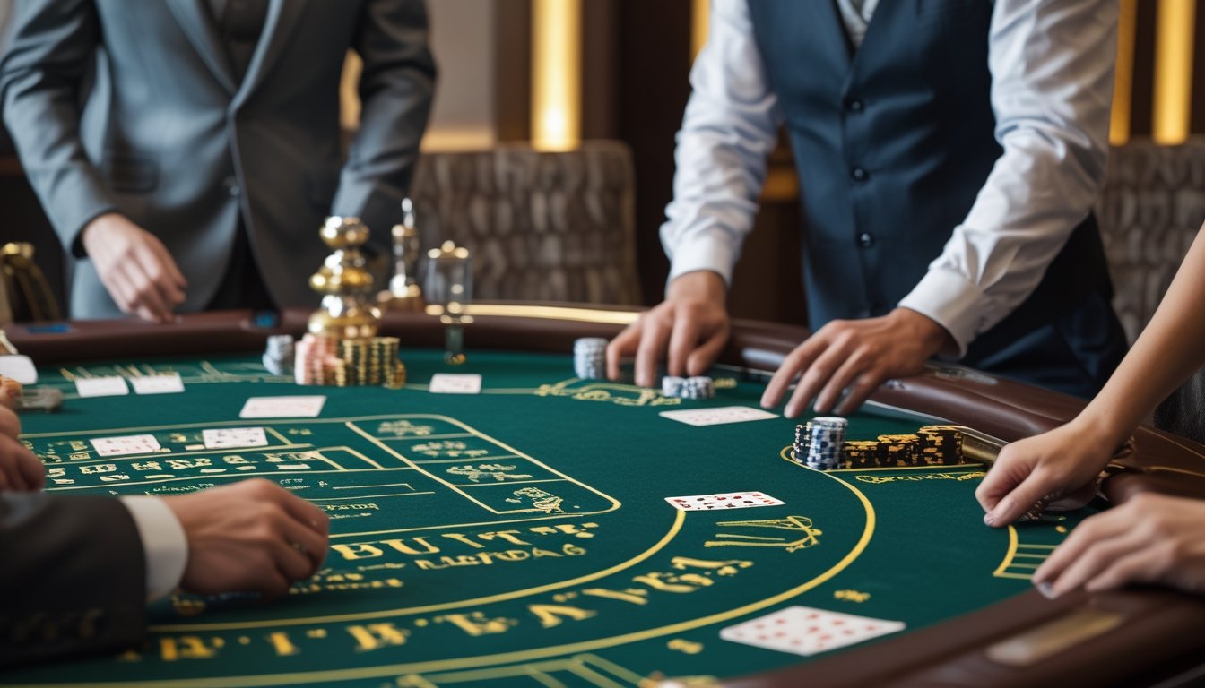 Meja kasino dengan pemain dan dealer sedang bermain dua variasi baccarat yang berbeda, satu dengan meja kecil dan satu dengan meja besar.
