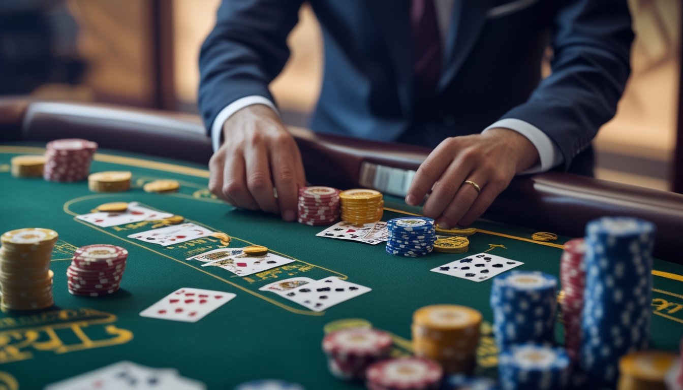 Seorang pemain di meja Mini Baccarat sedang memperhatikan pola kartu dengan tumpukan chip taruhan di depan.