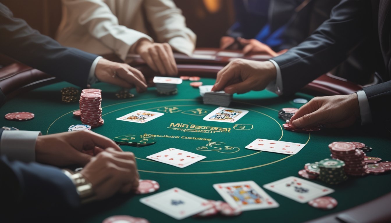 Meja permainan Mini Baccarat dengan kartu dan chip, serta tangan pemain dan dealer yang sedang bermain.