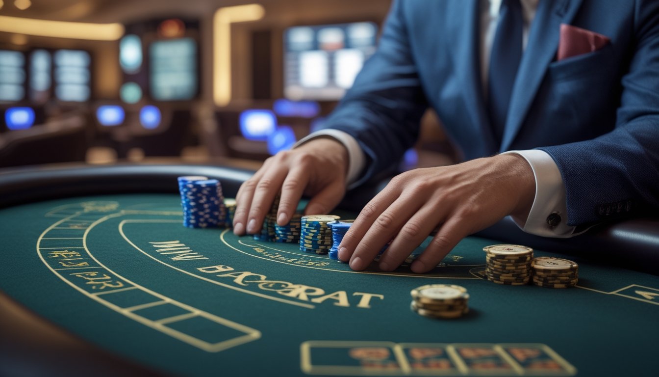 Seorang pemain profesional sedang bermain Mini Baccarat di meja kasino dengan suasana mewah dan pencahayaan lembut.