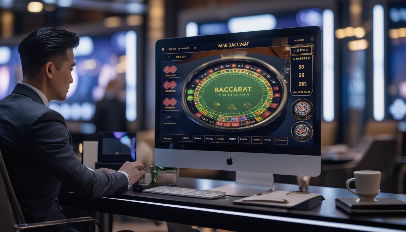 Seorang pemain profesional sedang bermain Mini Baccarat di depan layar komputer di lingkungan kasino online.