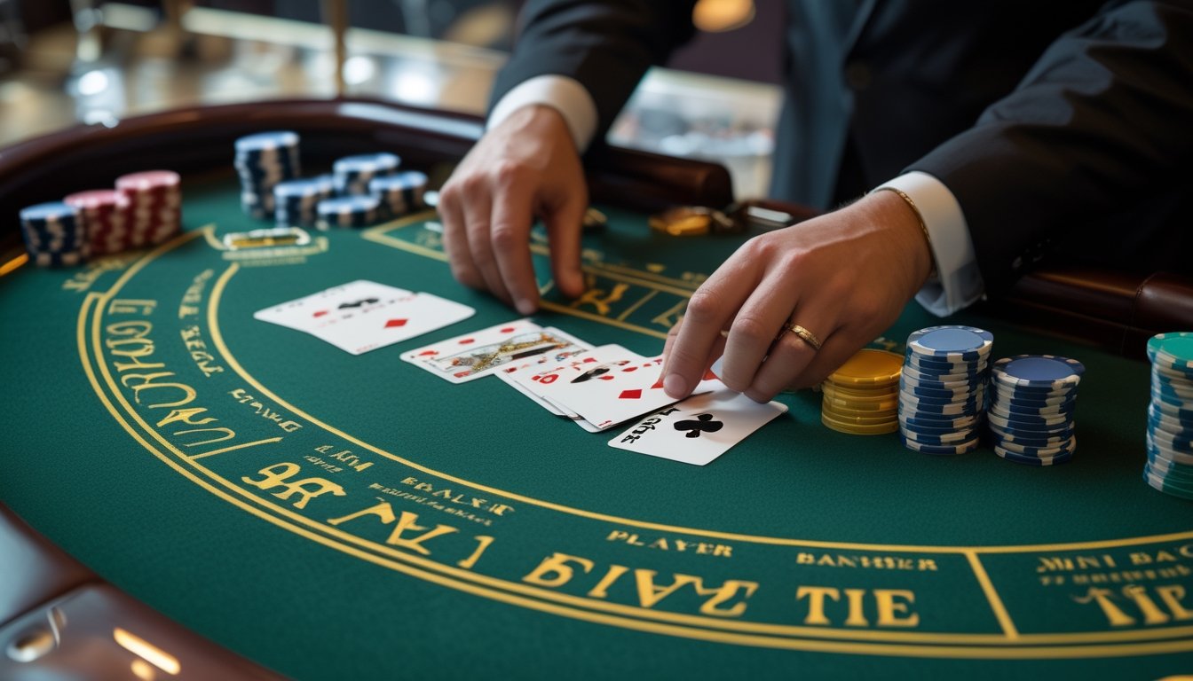 Meja kasino dengan permainan Mini Baccarat yang menampilkan kartu dan chip taruhan, serta tangan dealer yang sedang mengatur kartu.