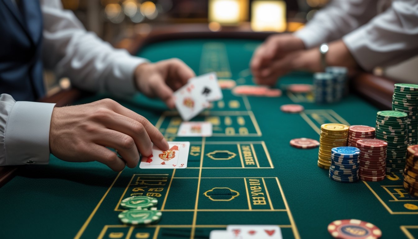 Meja kasino dengan kartu Mini Baccarat, tumpukan chip, dan tangan dealer yang sedang membagikan kartu.