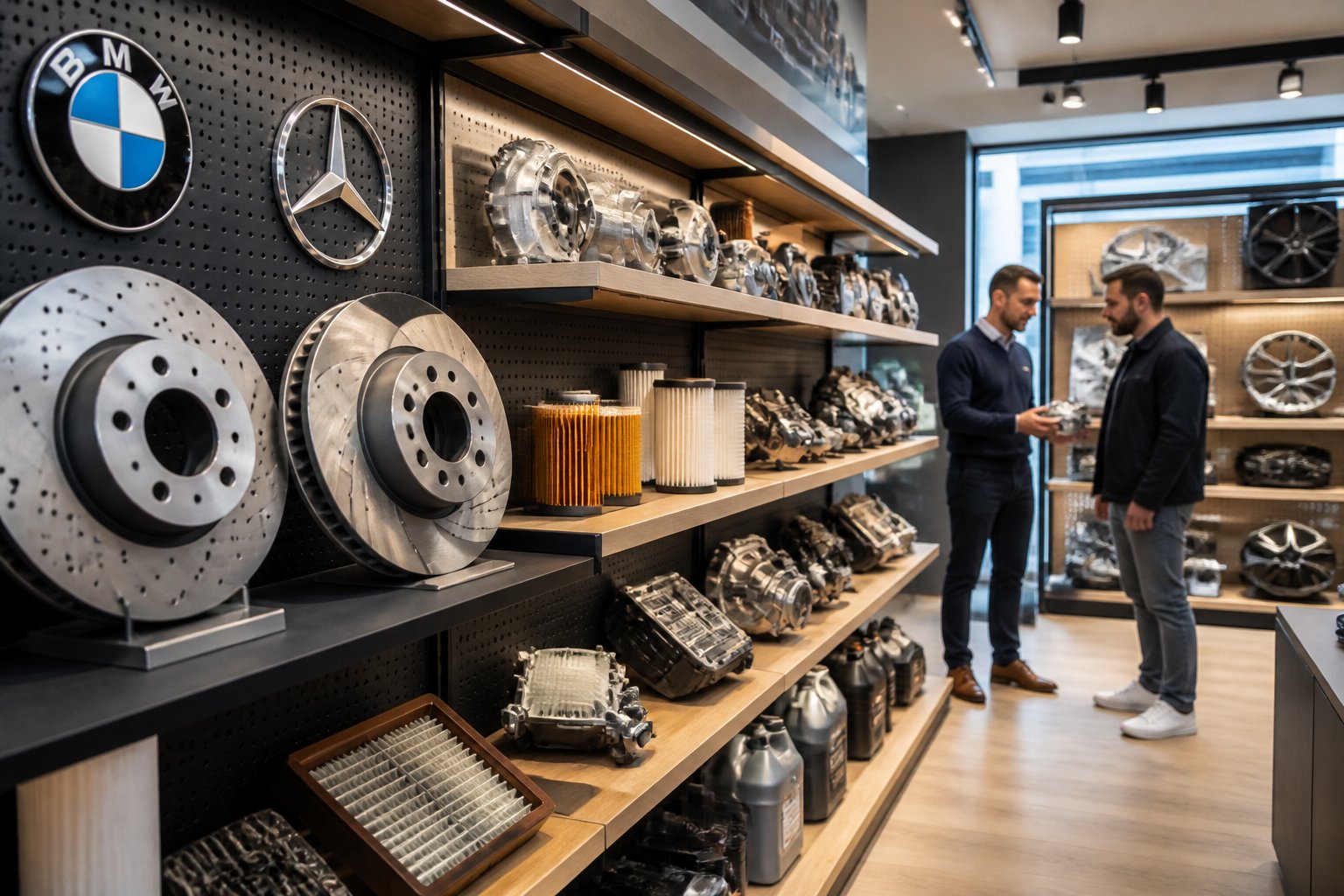 An automotive parts store interior with shelves of car parts and an employee assisting a customer.