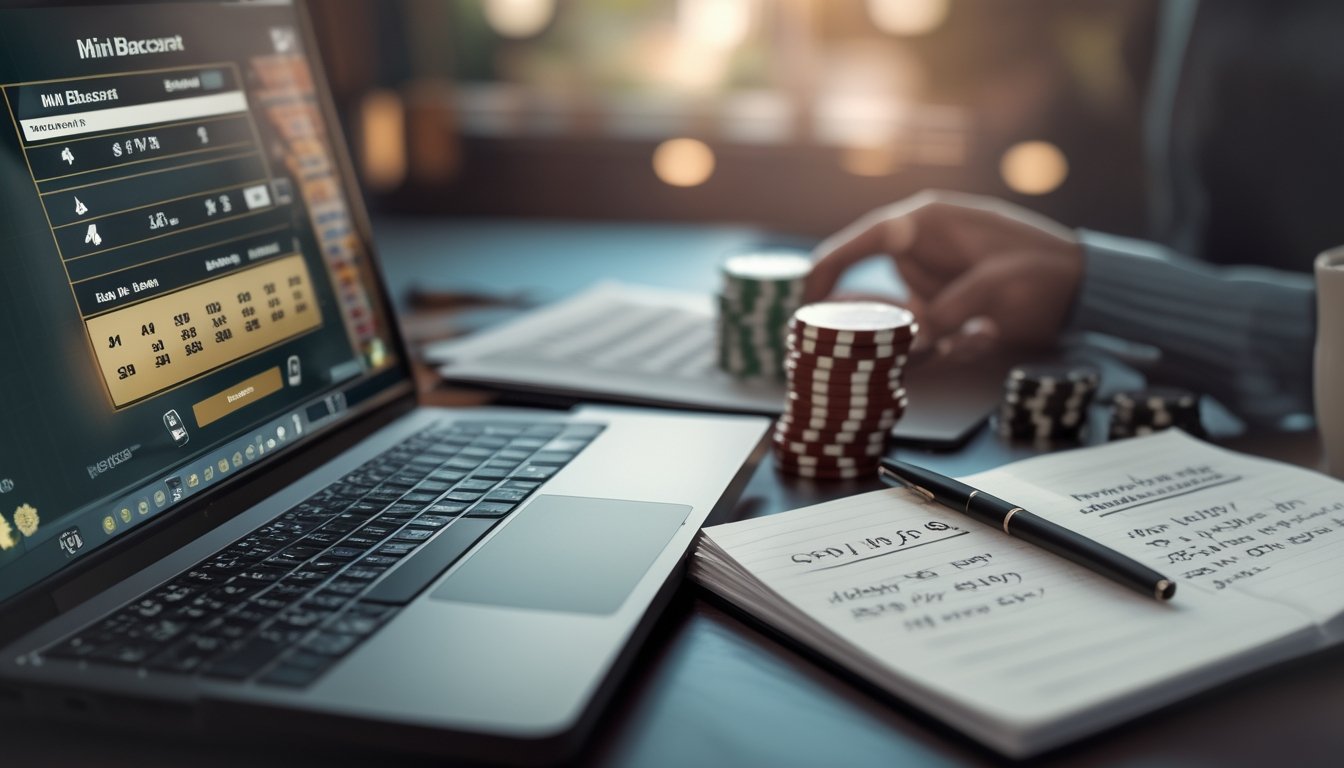 Seorang pemain sedang mengelola strategi bankroll dengan laptop yang menampilkan permainan Mini Baccarat dan tumpukan chip di meja.