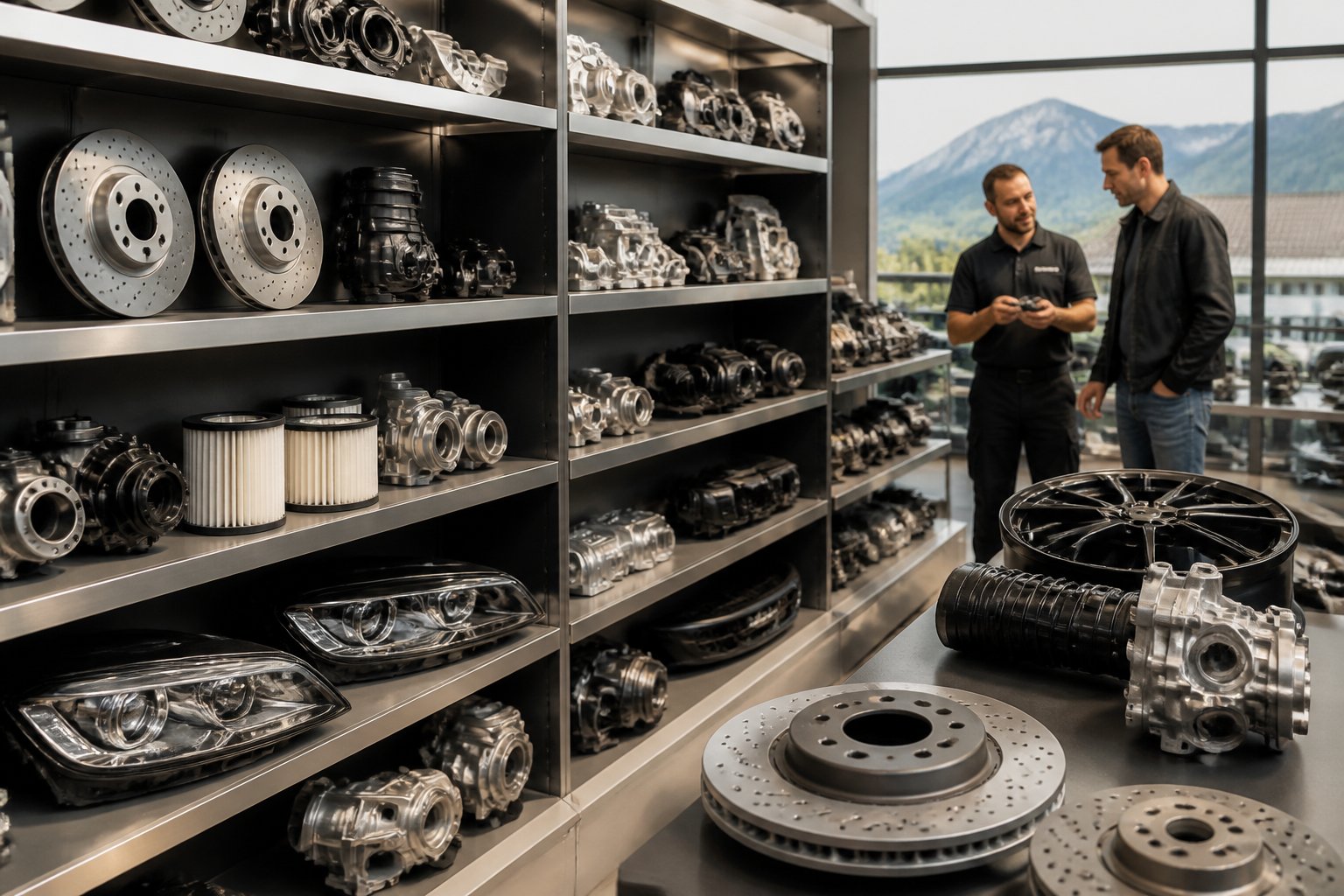 A clean automotive parts store with shelves of car parts and a staff member helping a customer.