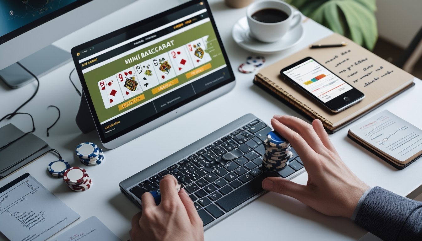 Meja kerja dengan laptop yang menampilkan permainan Mini Baccarat online, tumpukan chip poker, kartu bermain, dan tangan seseorang yang sedang mengelola taruhan.