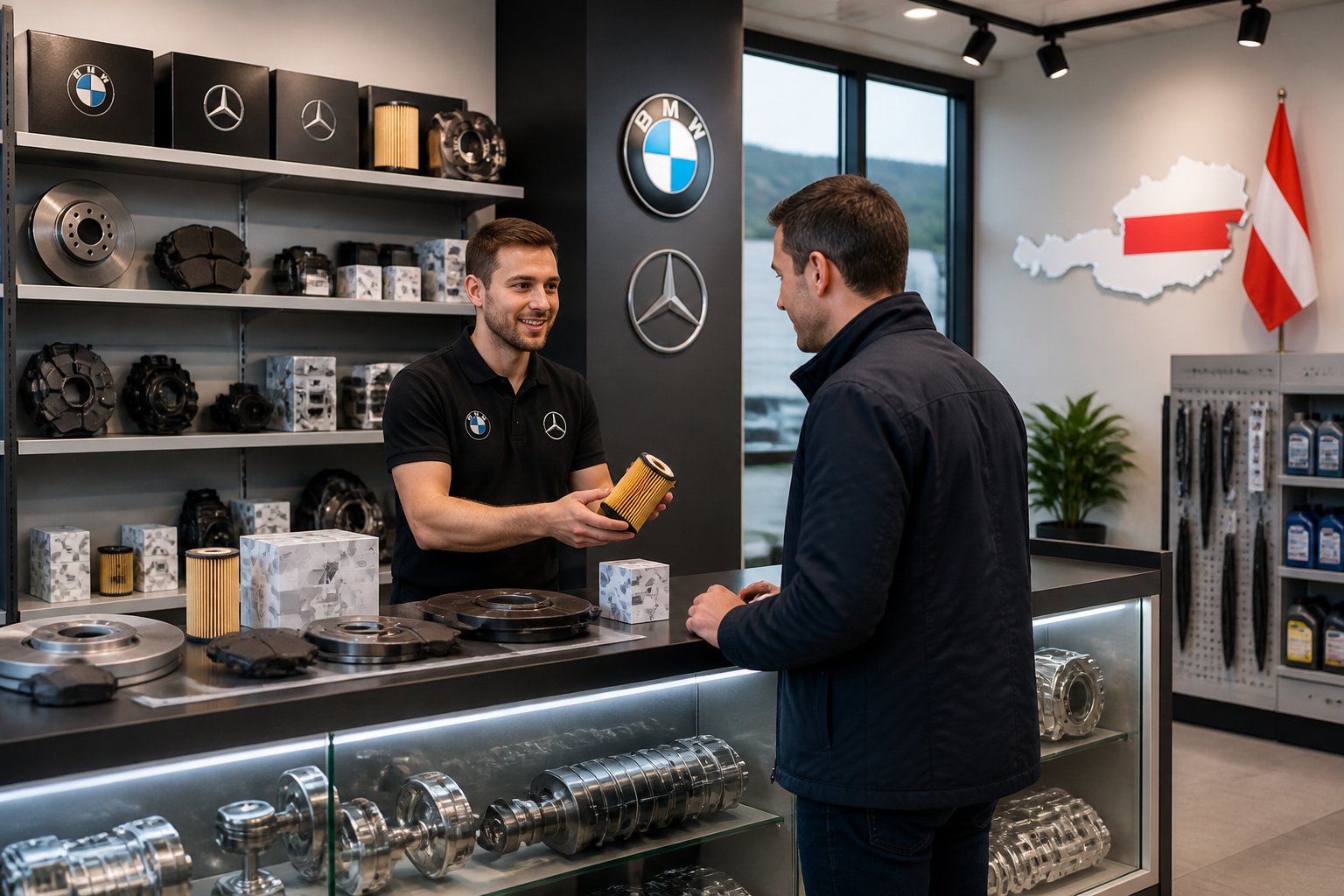 Interior of a modern automotive parts store with shelves of BMW and Mercedes car parts and a sales representative assisting a customer.