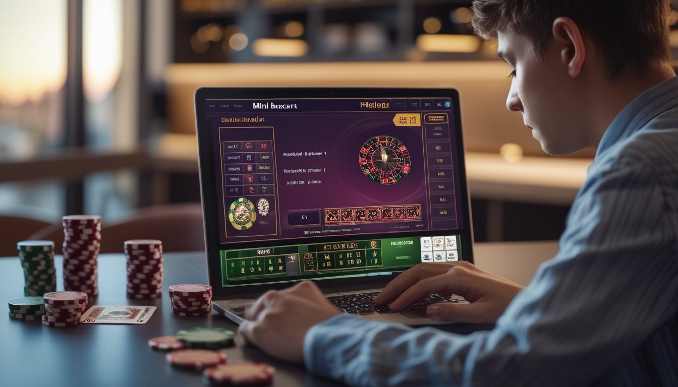 Seorang pemain pemula sedang bermain Mini Baccarat di depan laptop dengan ekspresi fokus dan sedikit bingung, dikelilingi oleh chip poker dan kartu remi di meja.