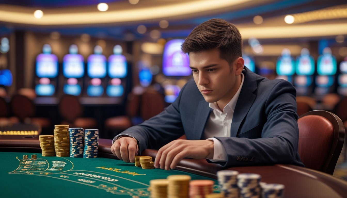 Seorang pria muda duduk di meja kasino bermain Mini Baccarat dengan ekspresi fokus dan hati-hati.