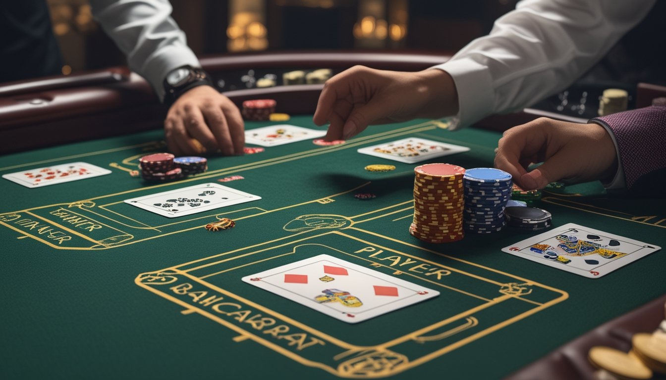 Meja Mini Baccarat dengan kartu dan chip taruhan Banker dan Player, tangan pemain sedang menaruh chip di meja.