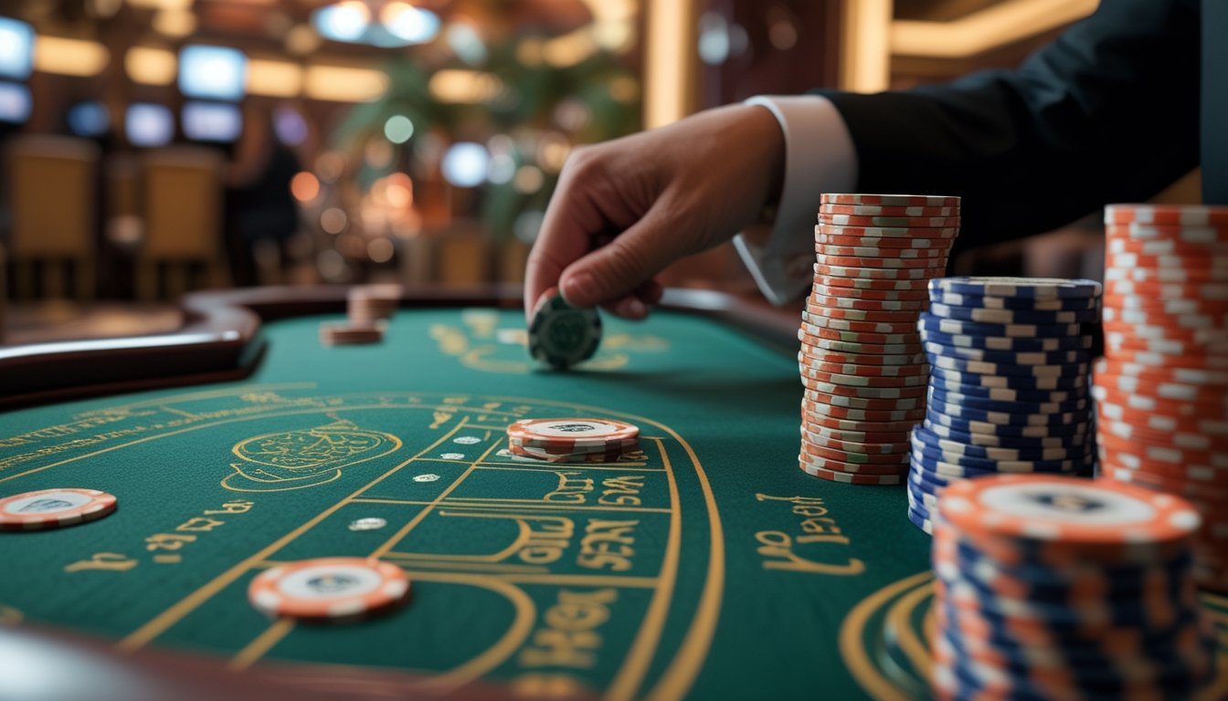 Tampilan dekat meja Mini Baccarat dengan chip taruhan di area Banker dan Player serta tangan dealer yang sedang meletakkan chip.