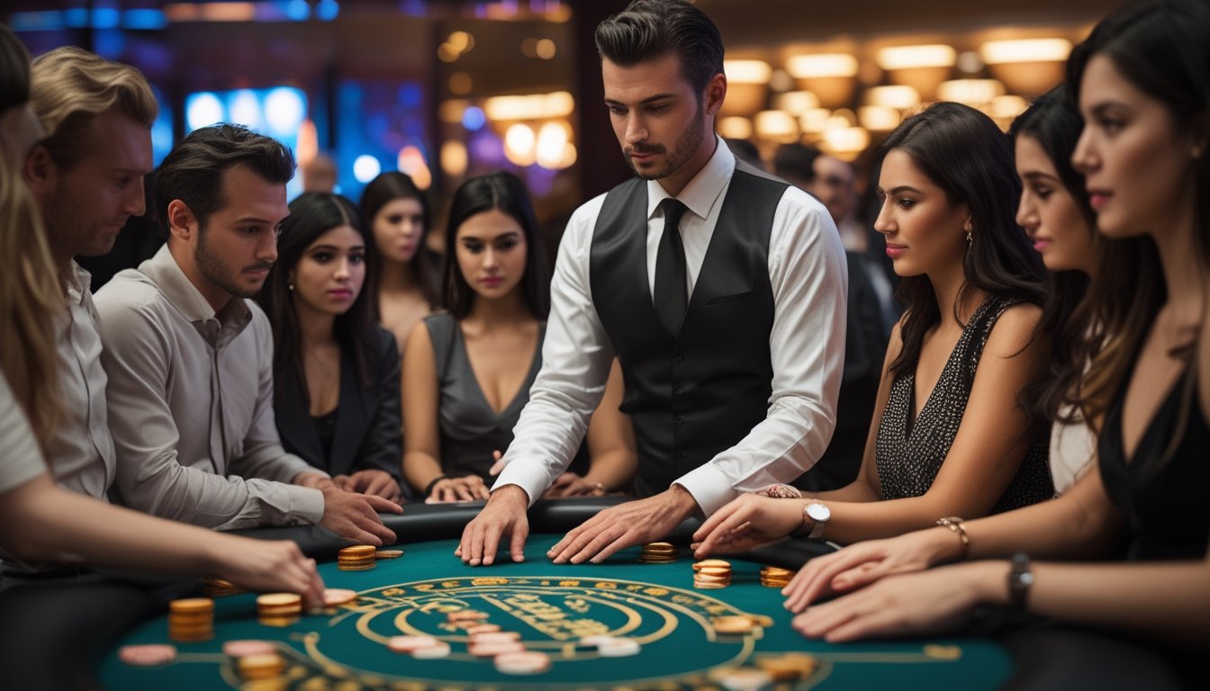 Seorang dealer dan beberapa pemain serius berkumpul di meja Mini Baccarat di kasino.