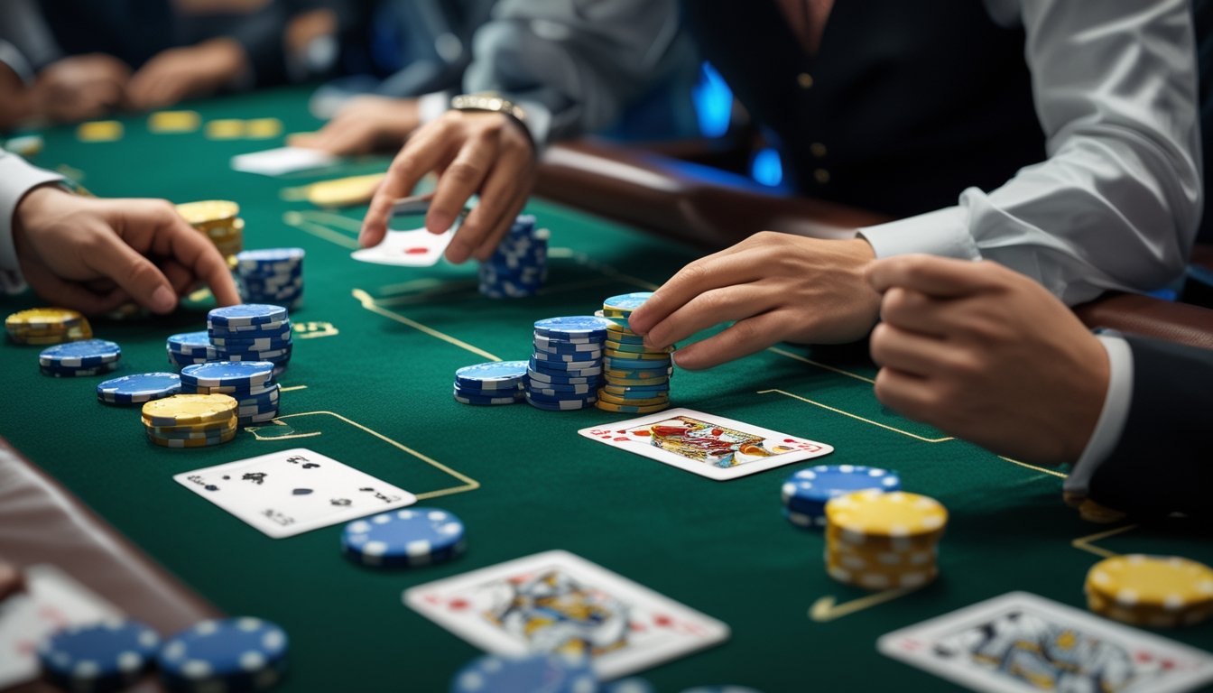 Meja kasino dengan permainan Mini Baccarat sedang berlangsung, menampilkan kartu dan tumpukan chip dengan tangan dealer dan pemain terlihat.
