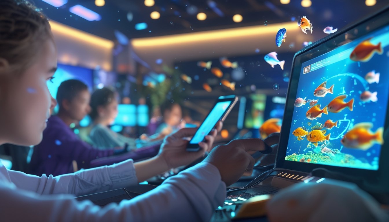 Beberapa pemain dari berbagai negara sedang bermain game tembak ikan secara online dengan perangkat digital di lingkungan yang nyaman.