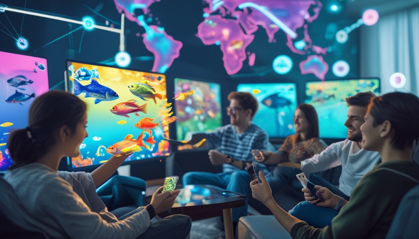 Beberapa orang bermain game tembak ikan multiplayer secara online bersama di sebuah ruangan dengan layar besar yang menampilkan grafis bawah laut.