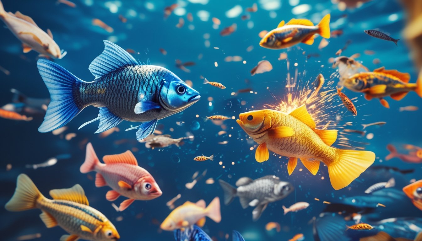 Adegan bawah laut dengan berbagai ikan berwarna-warni dan ledakan efek cahaya yang menarik.