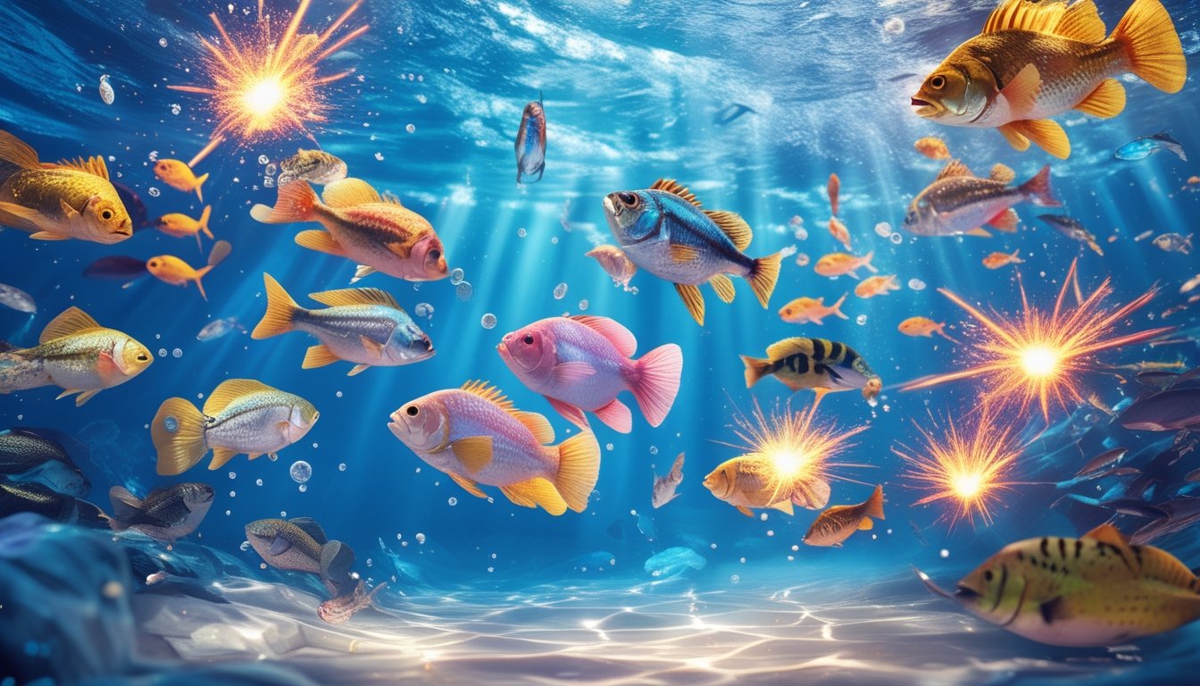 Adegan bawah laut dengan berbagai ikan berwarna-warni dan efek ledakan saat ikan terkena tembakan dalam permainan.