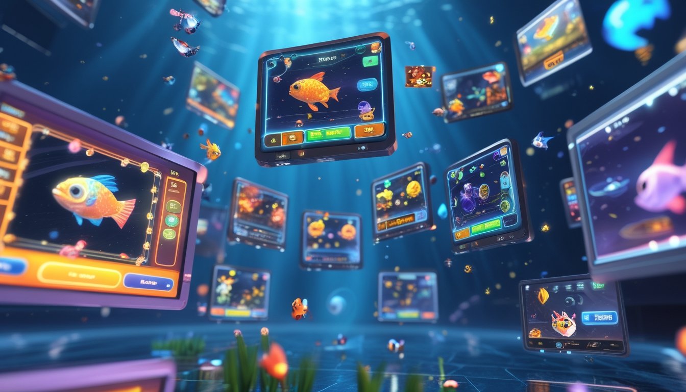 Tampilan beberapa layar permainan ikan online multiplayer dengan berbagai ikan berwarna-warni dan elemen antarmuka game di latar bawah laut.