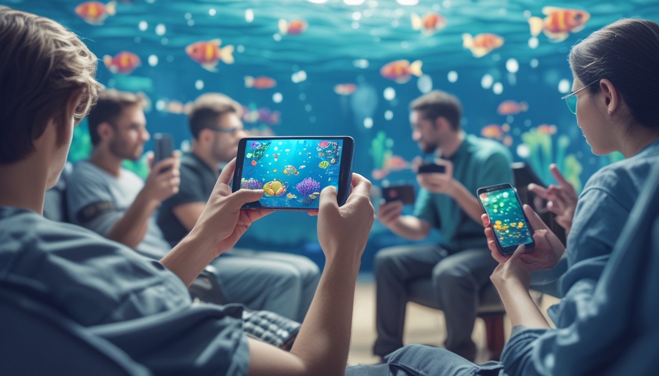 Beberapa orang bermain game ikan di ponsel Android dengan layar penuh warna dan latar bawah laut.