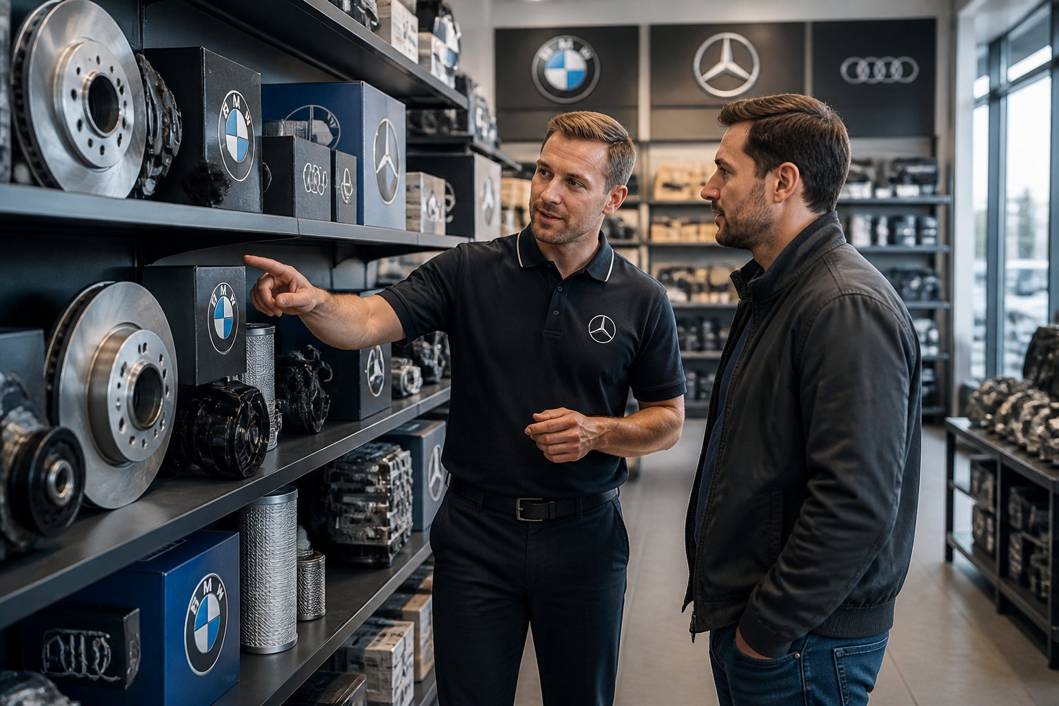 En modern bilreservdelsbutik med ordnade hyllor och en anställd som hjälper en kund bland delar för BMW, Mercedes och Audi.