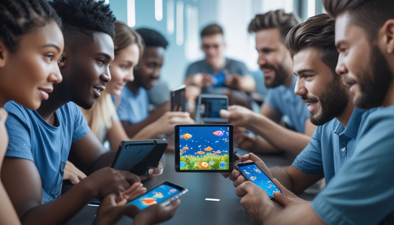 Sekelompok orang muda bermain permainan tembak ikan multiplayer menggunakan perangkat Android di ruangan modern.
