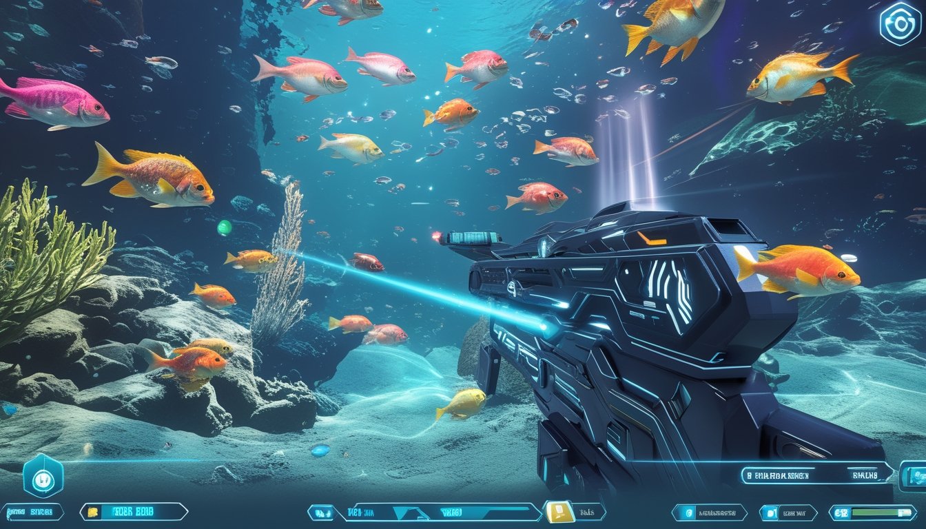 Pemandangan bawah laut dengan berbagai ikan berwarna-warni dan antarmuka permainan digital yang menampilkan senjata futuristik dan efek tembakan dalam permainan multipemain.