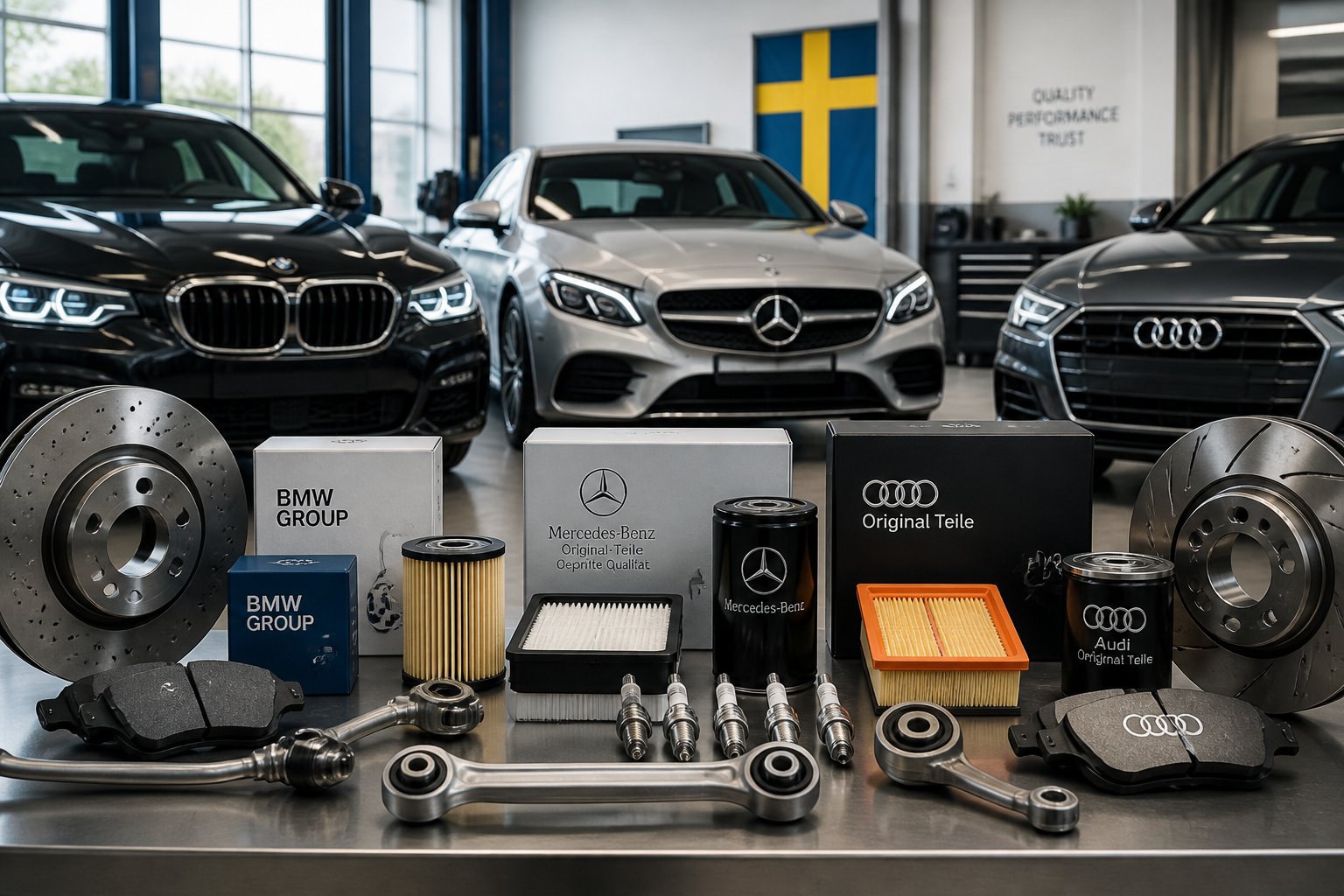 Tre lyxbilar från BMW, Mercedes och Audi i en verkstad med bilreservdelar på en arbetsbänk.