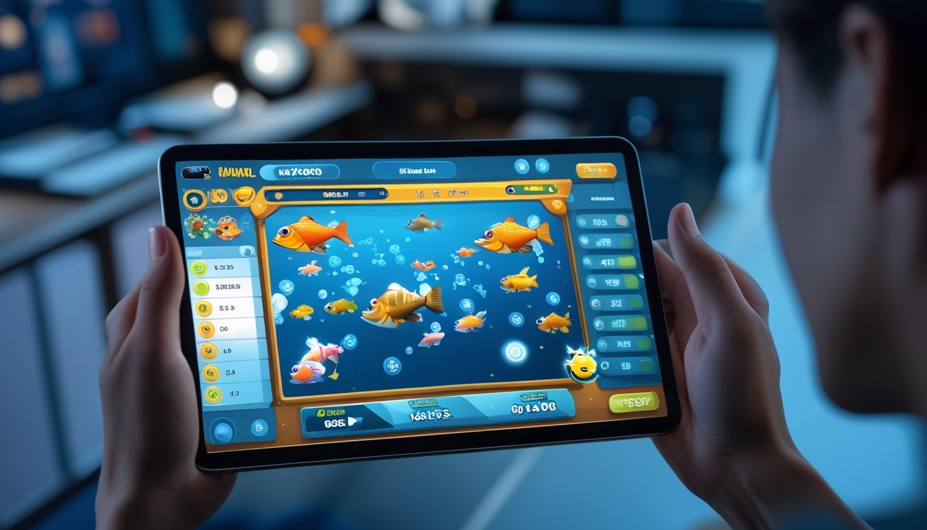 Layar perangkat digital menampilkan permainan tembak ikan dengan ikan berwarna-warni dan papan peringkat global di sampingnya.