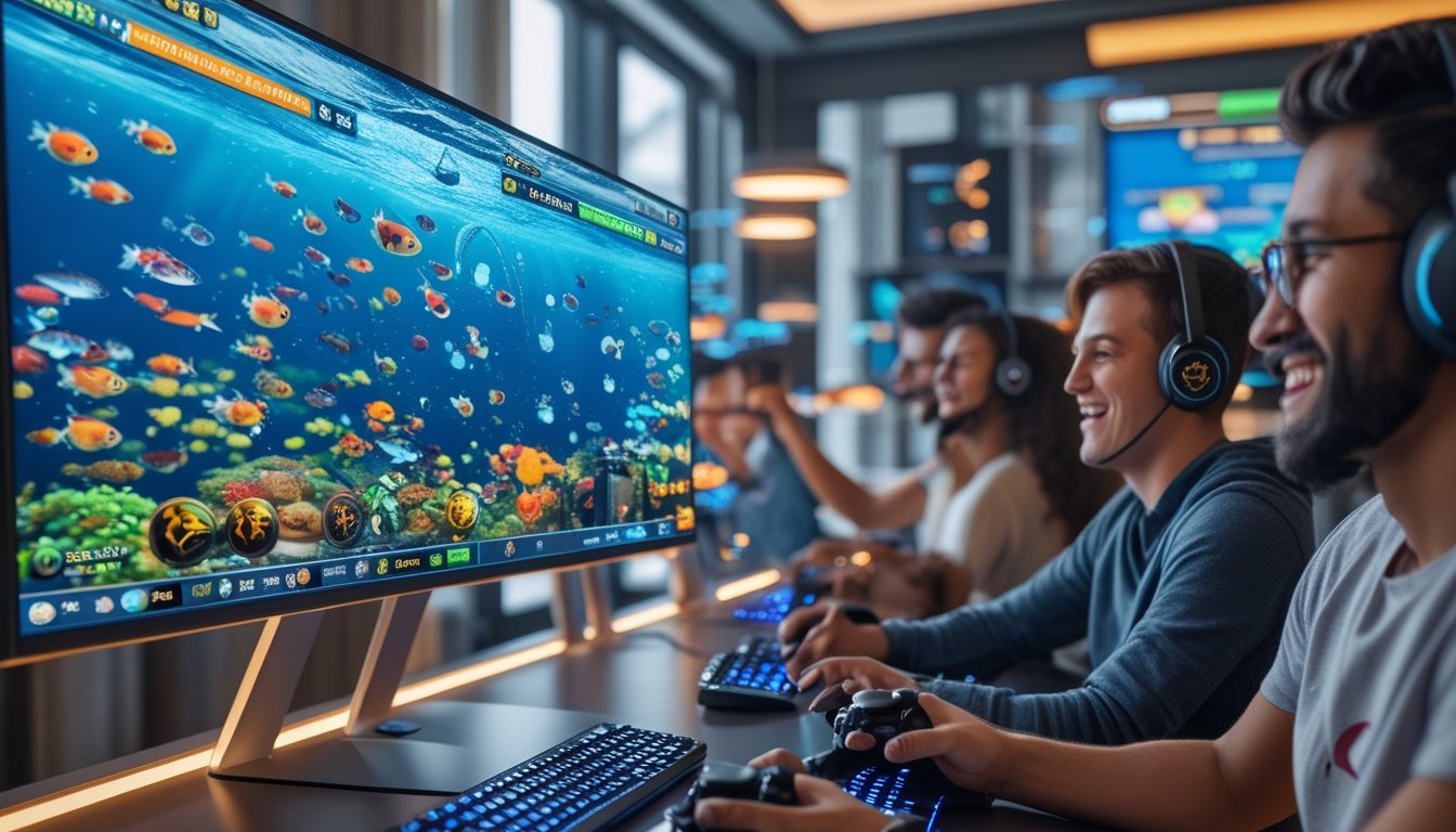 Beberapa pemain sedang bermain permainan tembak ikan multiplayer online dengan layar menampilkan ikan berwarna-warni, skor poin, dan papan peringkat global.
