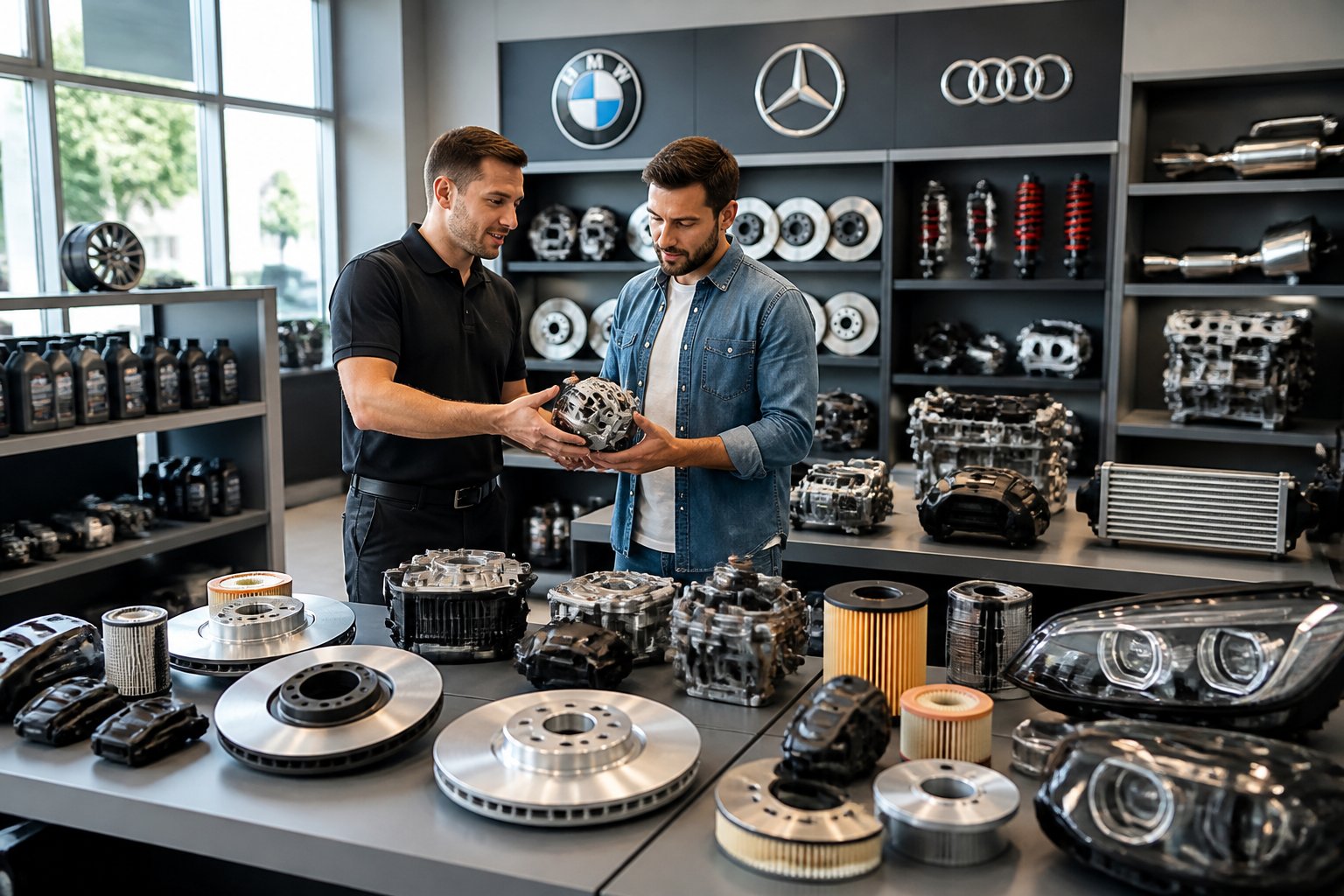 Interiör av en bilreservdelsbutik med olika bildelar från BMW, Mercedes och Audi och en anställd som hjälper en kund.