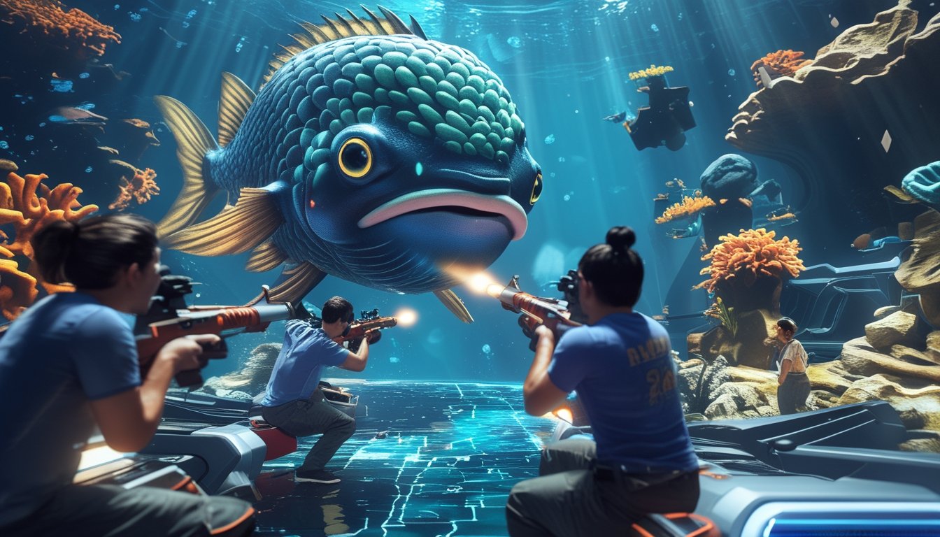Beberapa pemain sedang bermain game menembak ikan dengan ikan raksasa yang sulit dikalahkan di bawah laut.