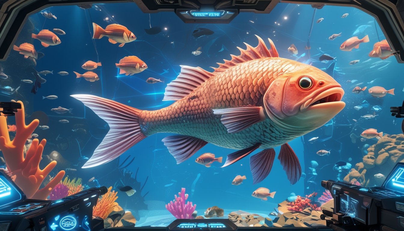 Adegan permainan menembak ikan multiplayer dengan ikan raksasa yang sulit dikalahkan di tengah lingkungan bawah laut yang penuh warna.