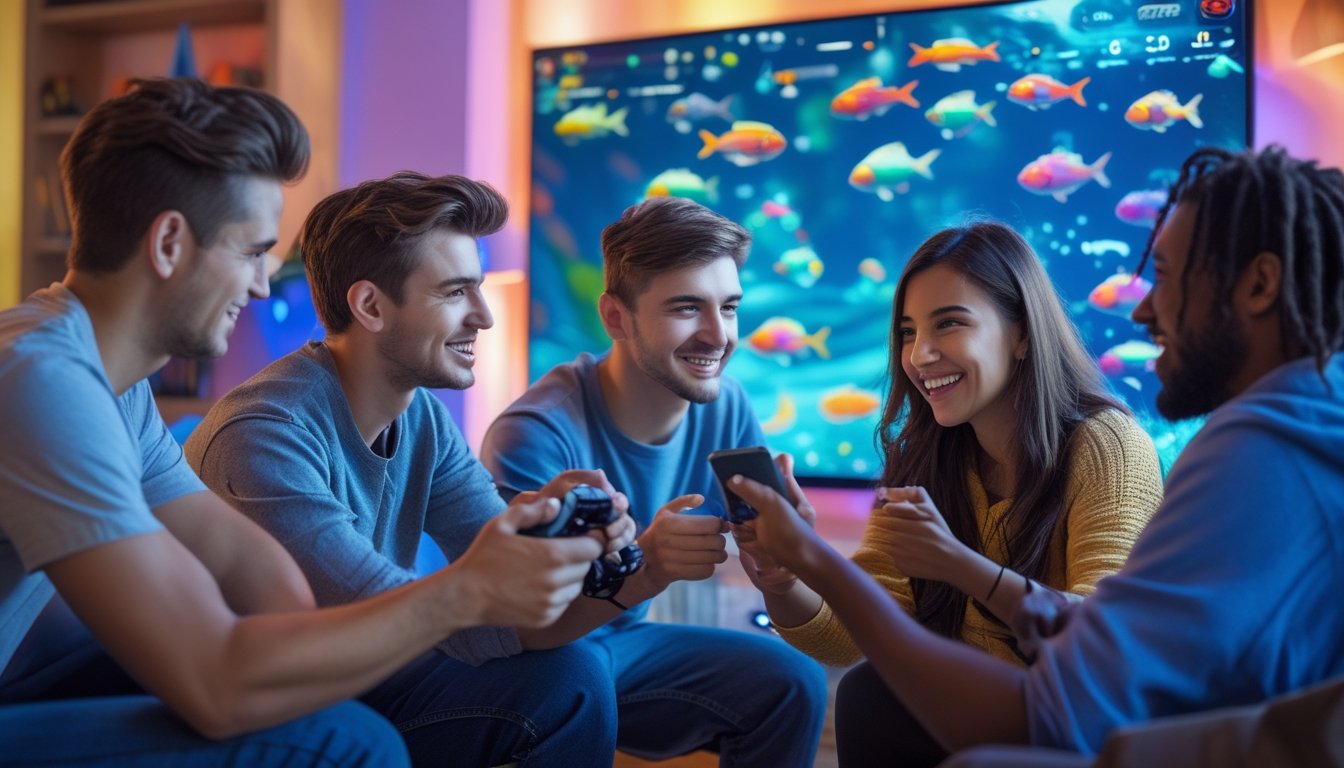 Sekelompok orang muda bermain game tembak ikan multiplayer bersama di ruang tamu dengan layar besar dan suasana ceria.