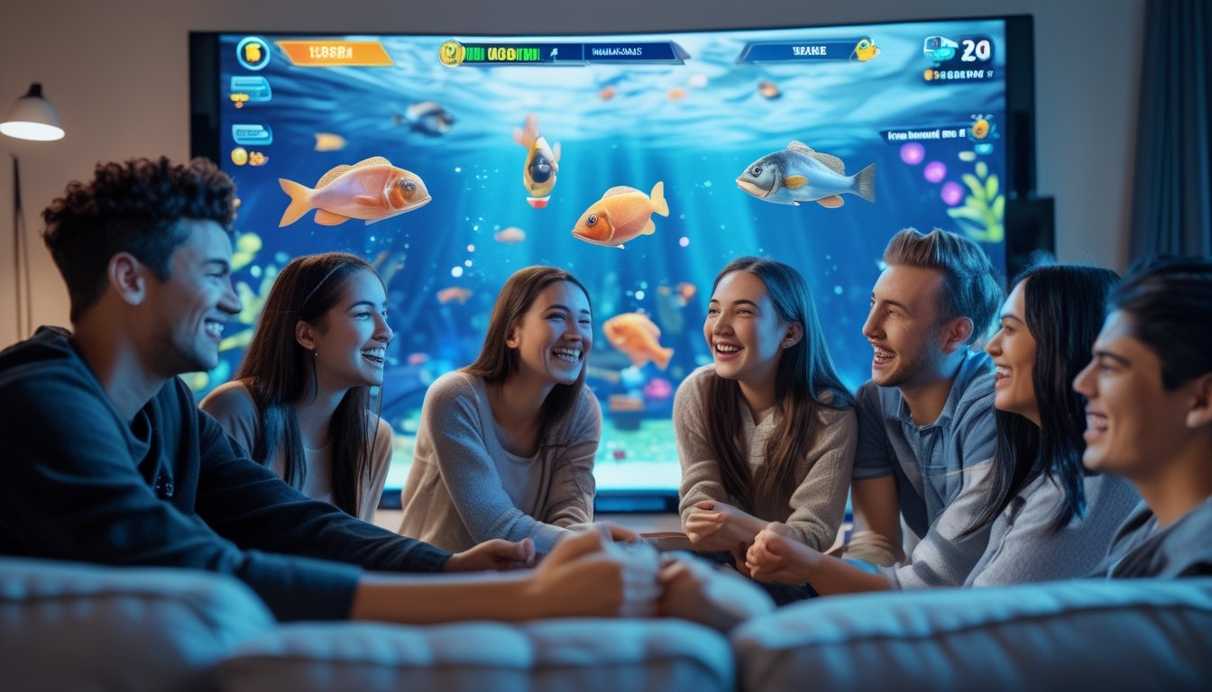 Sekelompok orang muda bermain game tembak ikan multiplayer bersama di ruang tamu yang nyaman.