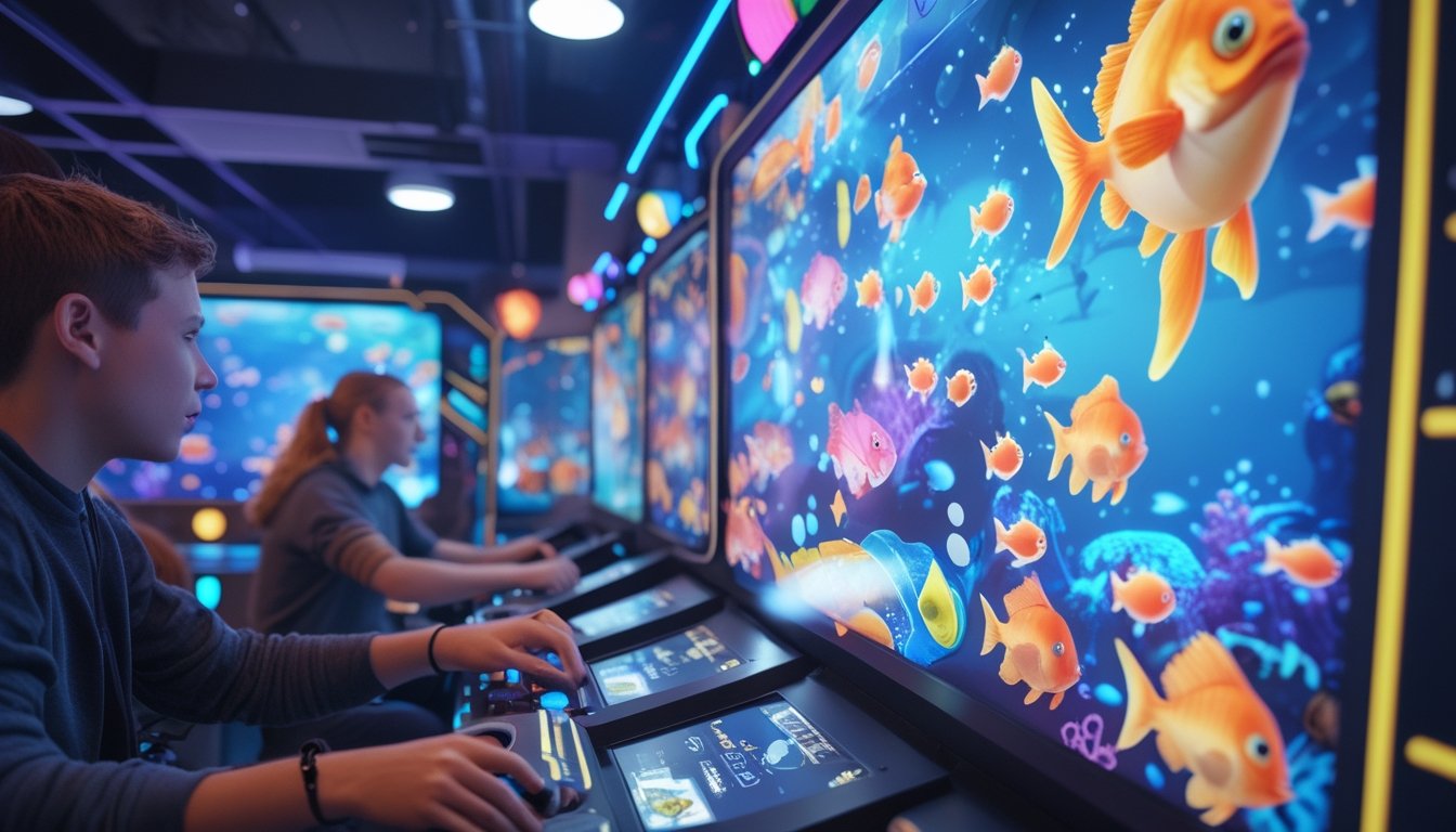 Beberapa pemain sedang bermain game tembak ikan dengan efek visual warna-warni di layar besar dalam suasana ruang permainan modern.