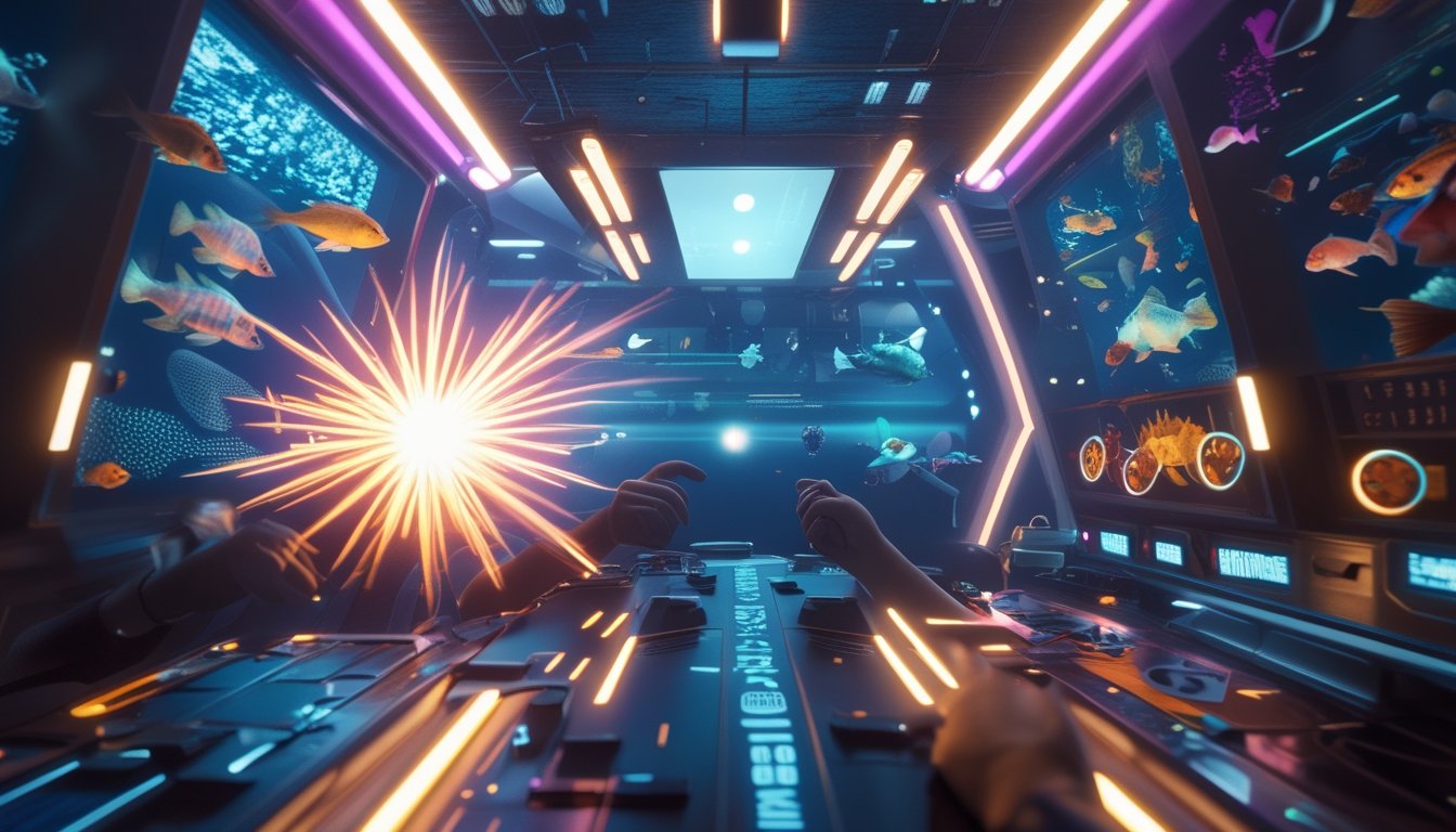 Suasana permainan tembak ikan multiplayer dengan ikan berwarna-warni dan efek visual yang menarik di bawah laut.