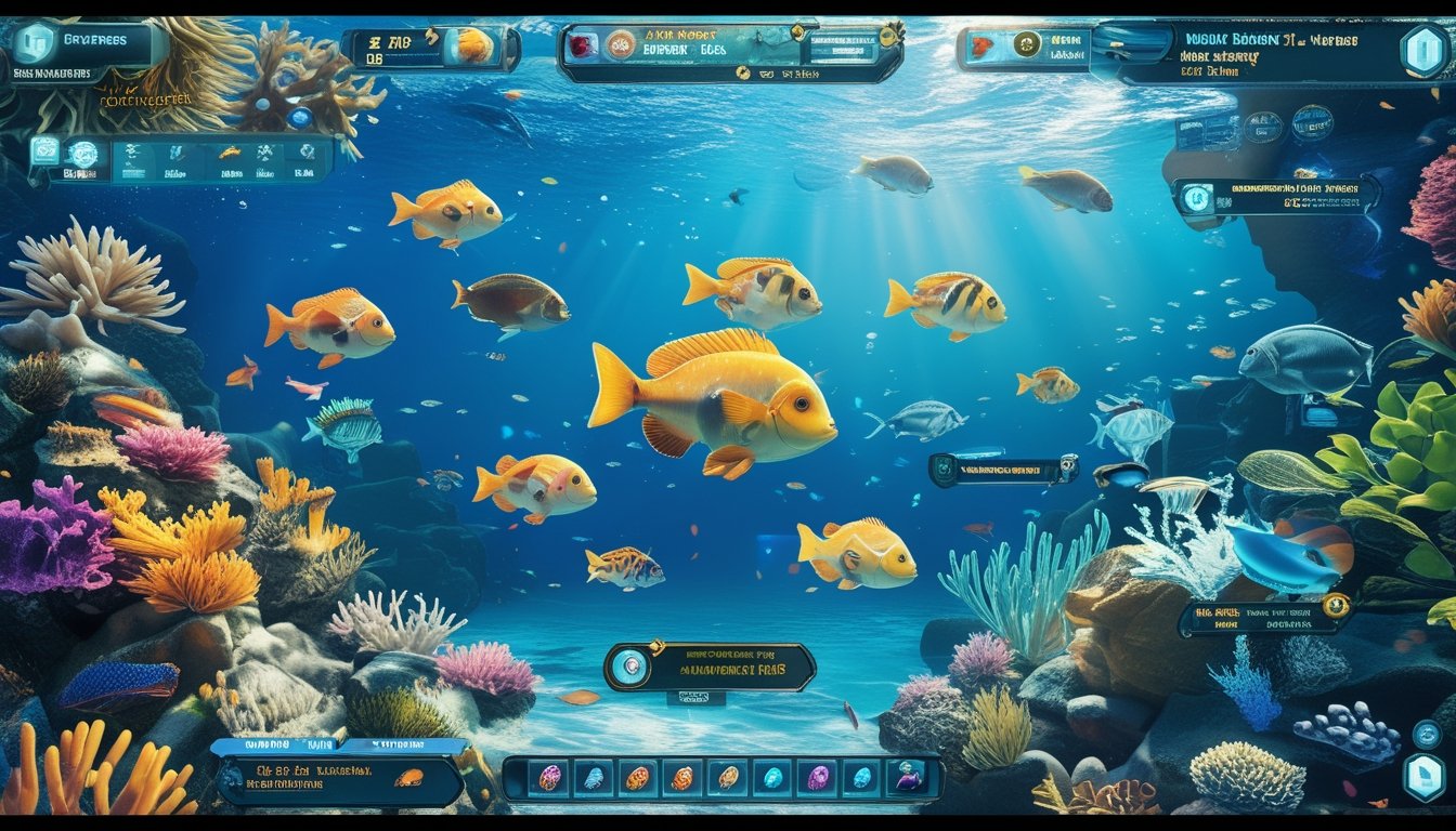 Adegan bawah laut berwarna-warni dengan berbagai ikan tropis dan terumbu karang, menampilkan suasana permainan tembak ikan multiplayer online.