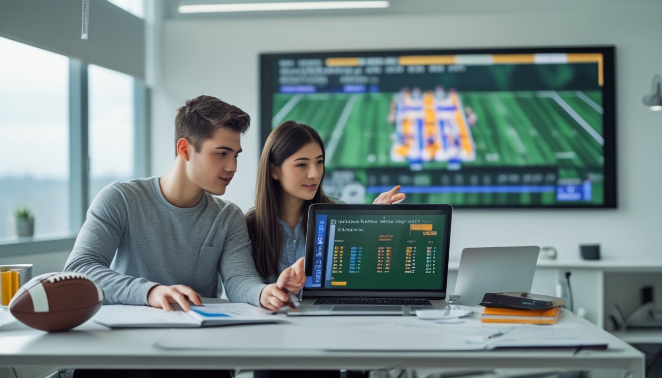 Dua orang muda sedang duduk di meja dengan laptop dan bola sepak, fokus membahas strategi taruhan bola.