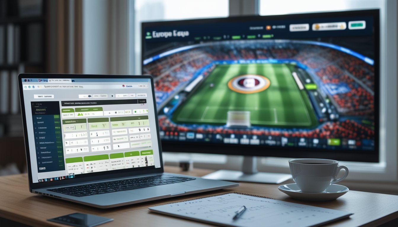 Seorang pria duduk di meja kerja dengan laptop yang menampilkan statistik pertandingan sepak bola Eropa dan catatan di sampingnya, dengan televisi yang menayangkan pertandingan sepak bola di latar belakang.
