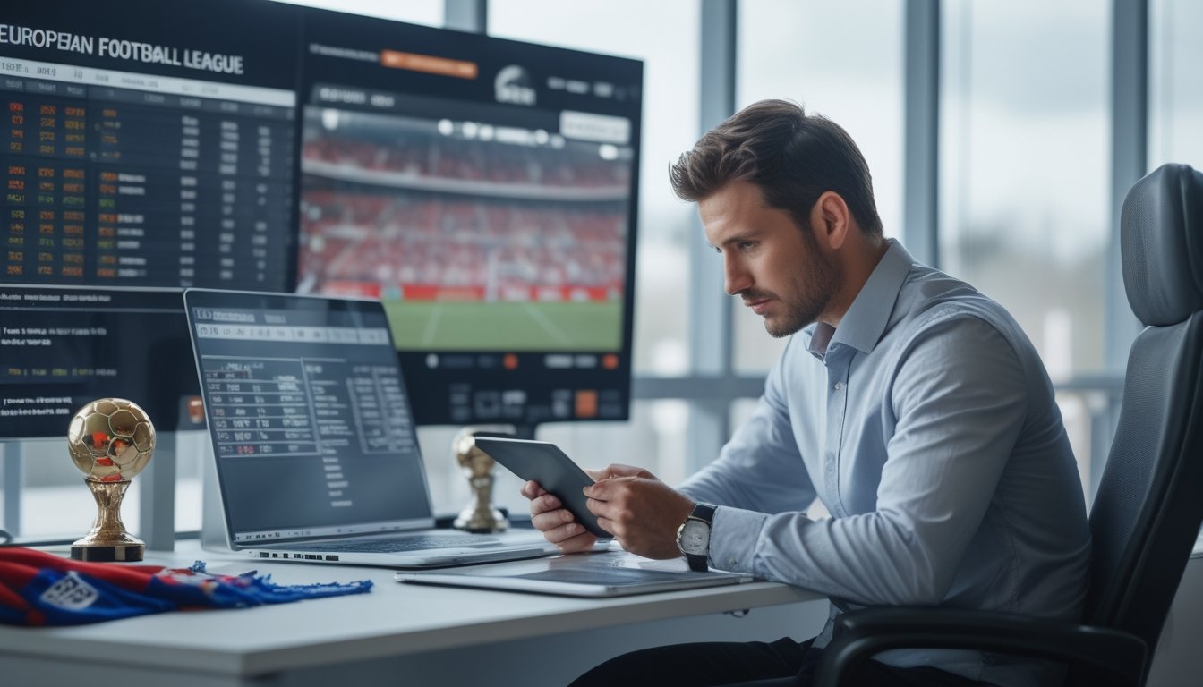 Seorang pria duduk di meja dengan perangkat digital yang menampilkan statistik dan peluang taruhan sepak bola Liga Eropa, di latar belakang stadion sepak bola yang penuh penonton.