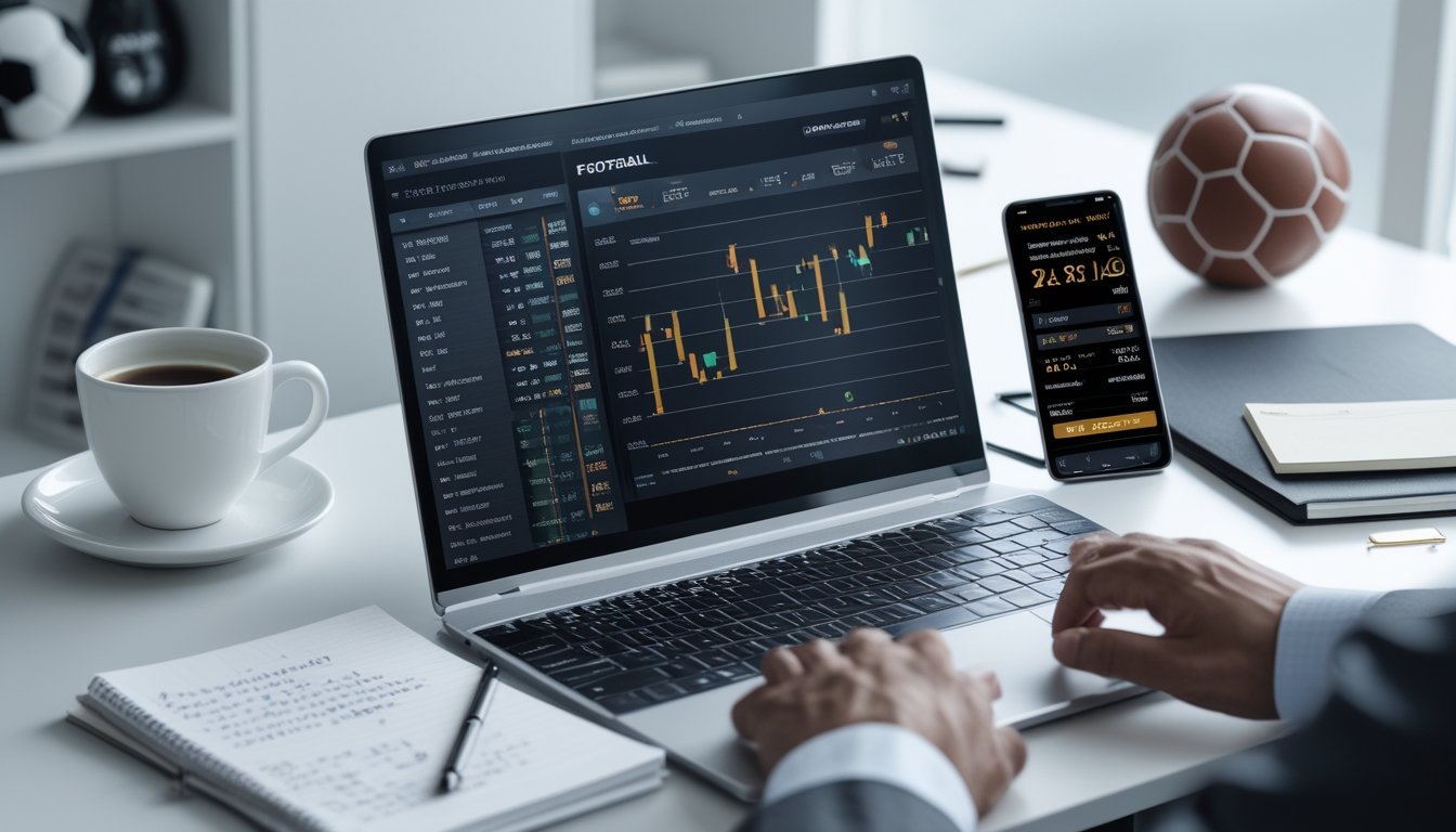 Meja kerja modern dengan laptop yang menampilkan statistik pertandingan sepak bola dan grafik, sebuah ponsel dengan peluang taruhan, cangkir kopi, dan catatan di lingkungan kantor yang terang dan rapi.