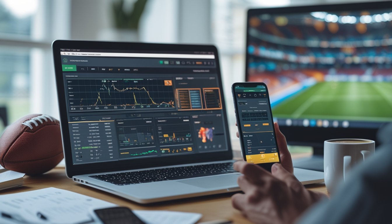 Sebuah meja kerja dengan laptop yang menampilkan statistik dan analisis tim sepak bola, ponsel yang menayangkan pertandingan sepak bola, serta bola sepak di latar belakang.