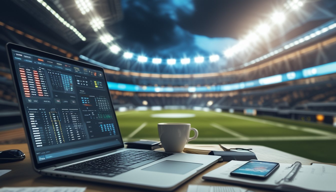 Meja kerja dengan laptop yang menampilkan statistik taruhan bola, ponsel dengan pembaruan pertandingan sepak bola, dan latar belakang stadion sepak bola penuh penonton.