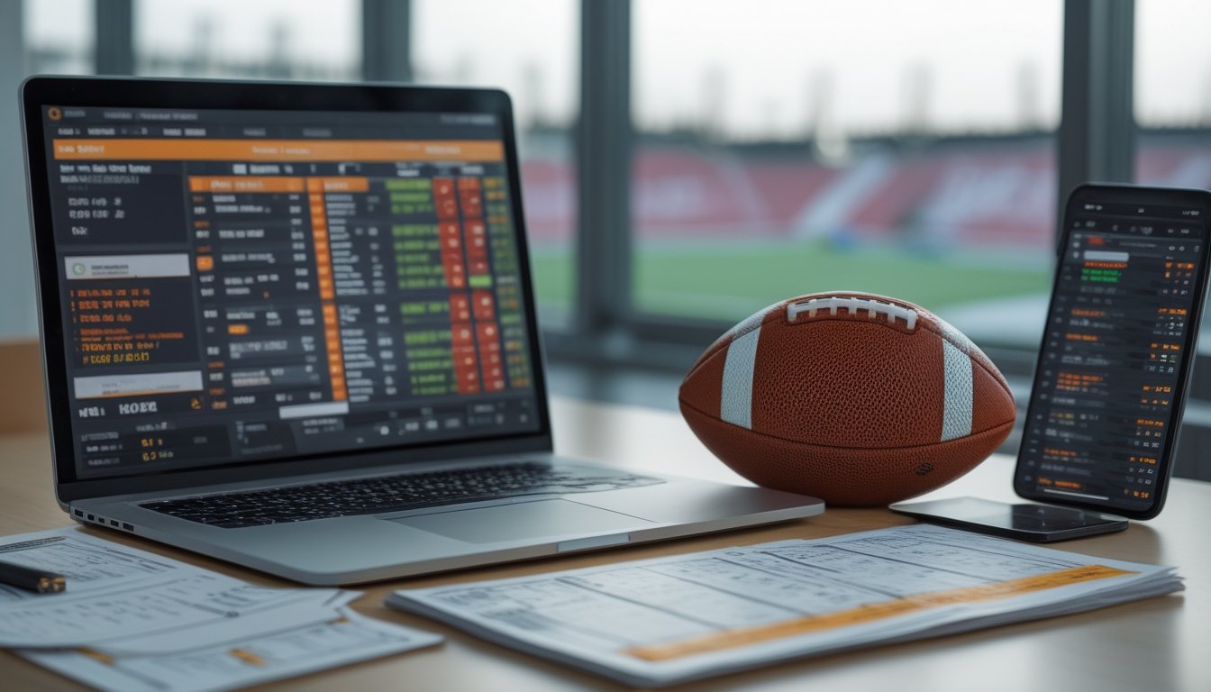 Seseorang sedang menganalisis data taruhan bola parlay dengan laptop, tablet, dan smartphone di meja kerja yang dilengkapi bola dan slip taruhan.