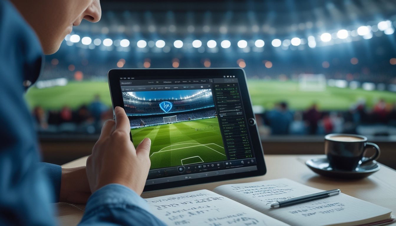 Seseorang sedang menganalisis peluang taruhan bola menggunakan tablet di meja kerja dengan laptop menampilkan pertandingan sepak bola, catatan, dan kopi.