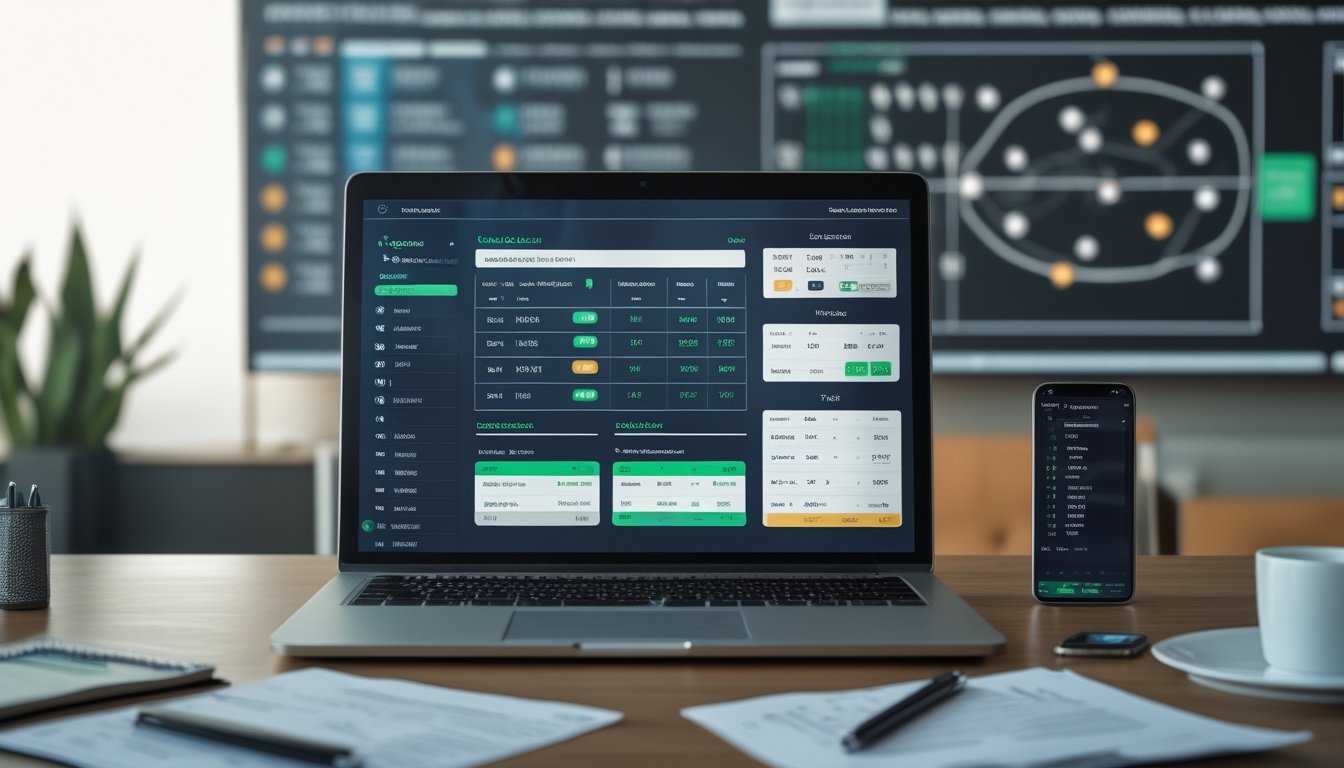 Seorang profesional sedang menganalisis data taruhan bola di meja kerja dengan laptop, catatan, dan layar besar di latar belakang.