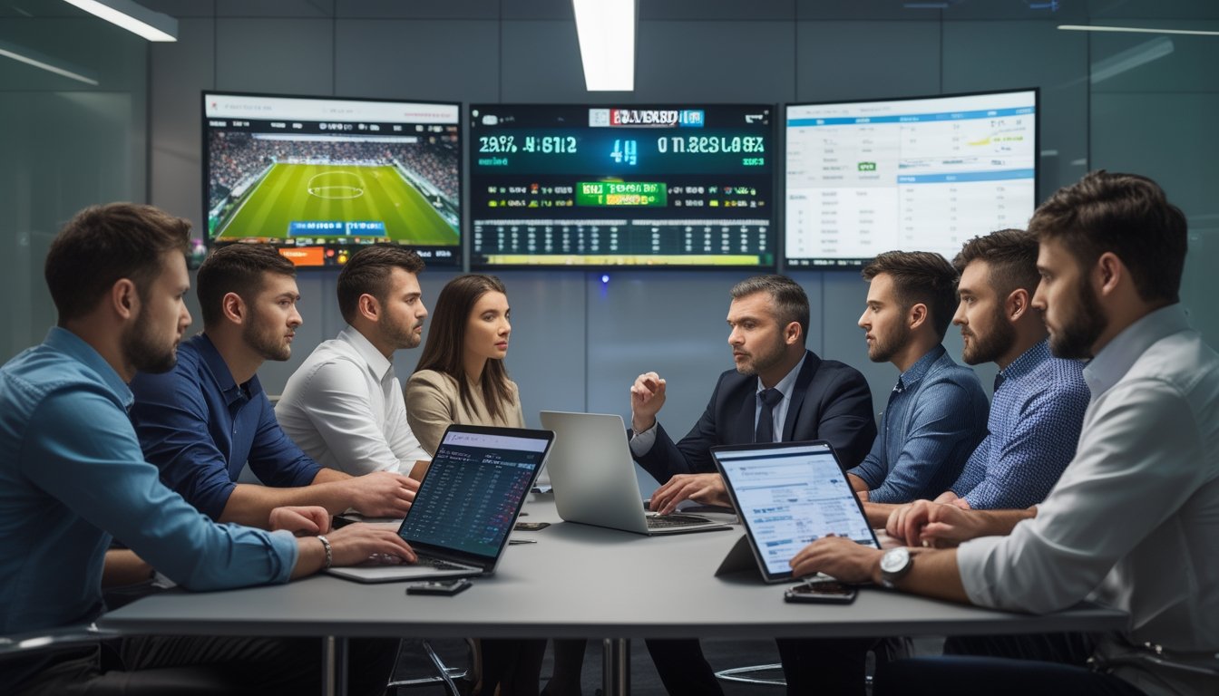 Beberapa orang sedang fokus menggunakan perangkat digital untuk taruhan bola langsung dengan layar menampilkan pertandingan sepak bola dan data taruhan.